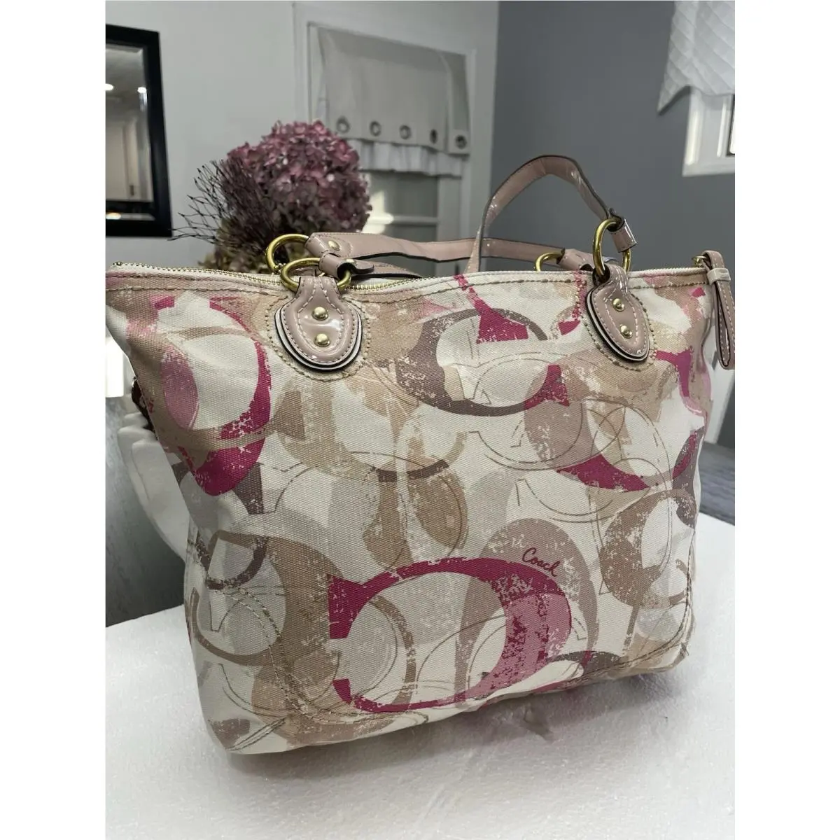 Coach Poppy Stamped C Hallie East West Tote Neutral Pink Multicolor