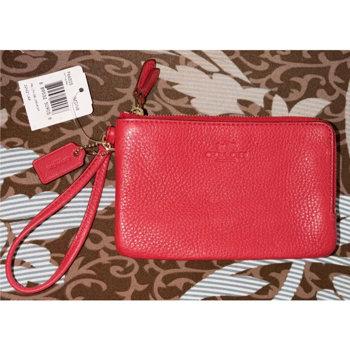 Coach Duel Pouch Red Pebbled Double Corner Zip Wristlet F66505
