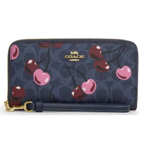 Coach Long Zip Around Wallet CZ328 Blue Pink Canvas Cherry Print