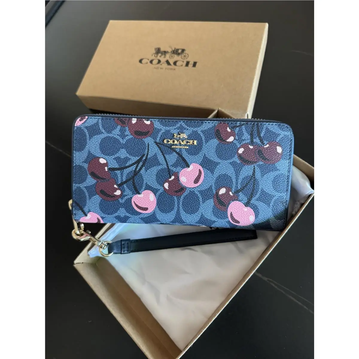 Coach Long Zip Around Wallet In Signature Canvas with Cherry Print CZ328