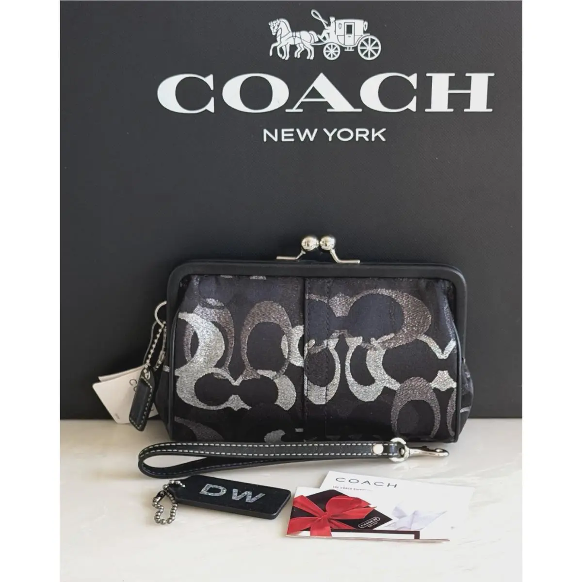 Coach Madison Metallic Black/silver Sig Lurex Frame Kisslock Wristlet 40244