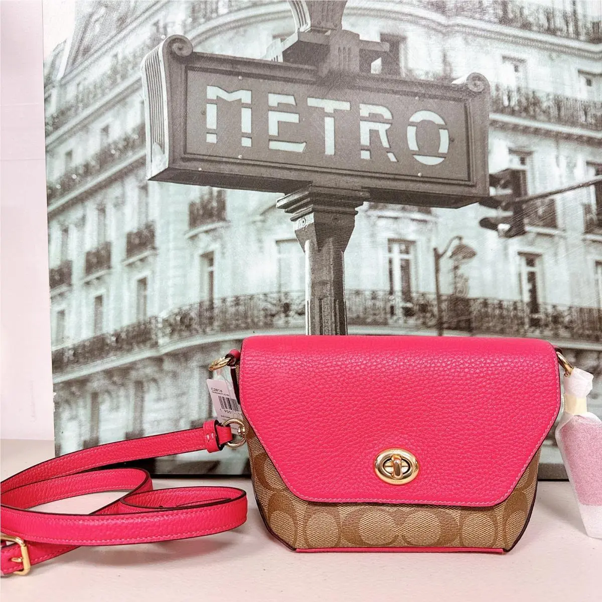 Coach C2816 Karlee Crossbody Bag in Signature Leather Khaki Fuchsia