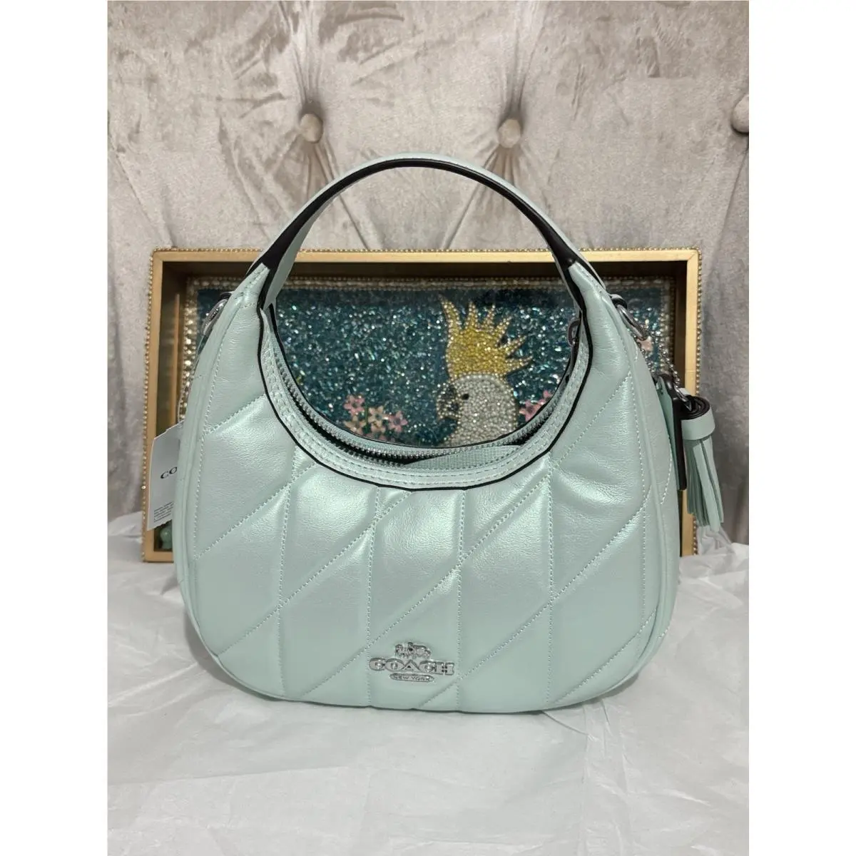 Coach Carmen Mini Crossbody Bag Hobo Handbag Quilted Pearlized CY710 Green