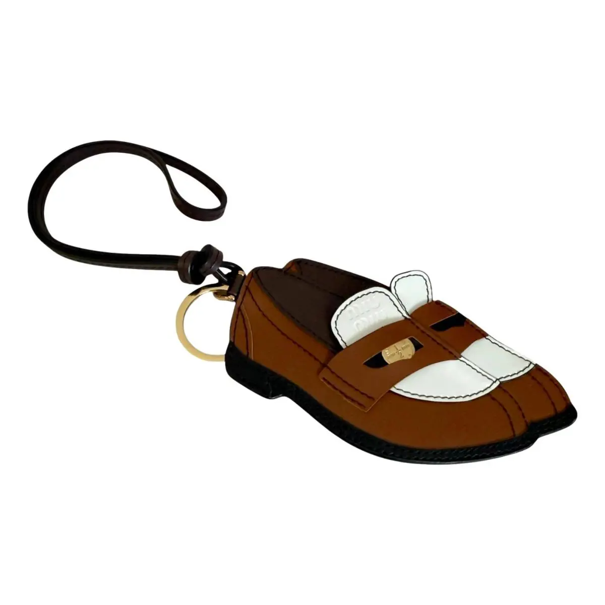 Miu Miu Penny Loafer Leather Bag Charm Brown White Gold Tone Keycha