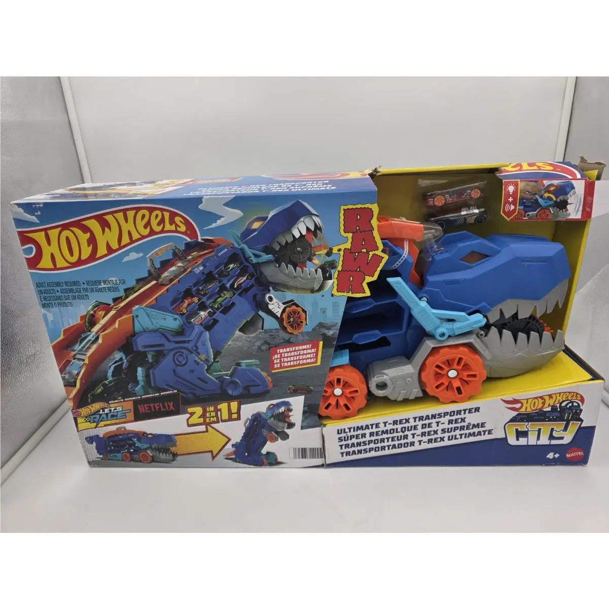 Hot Wheels City Toy Car Track Set Ultimate T-rex Transporter Hauler Transform
