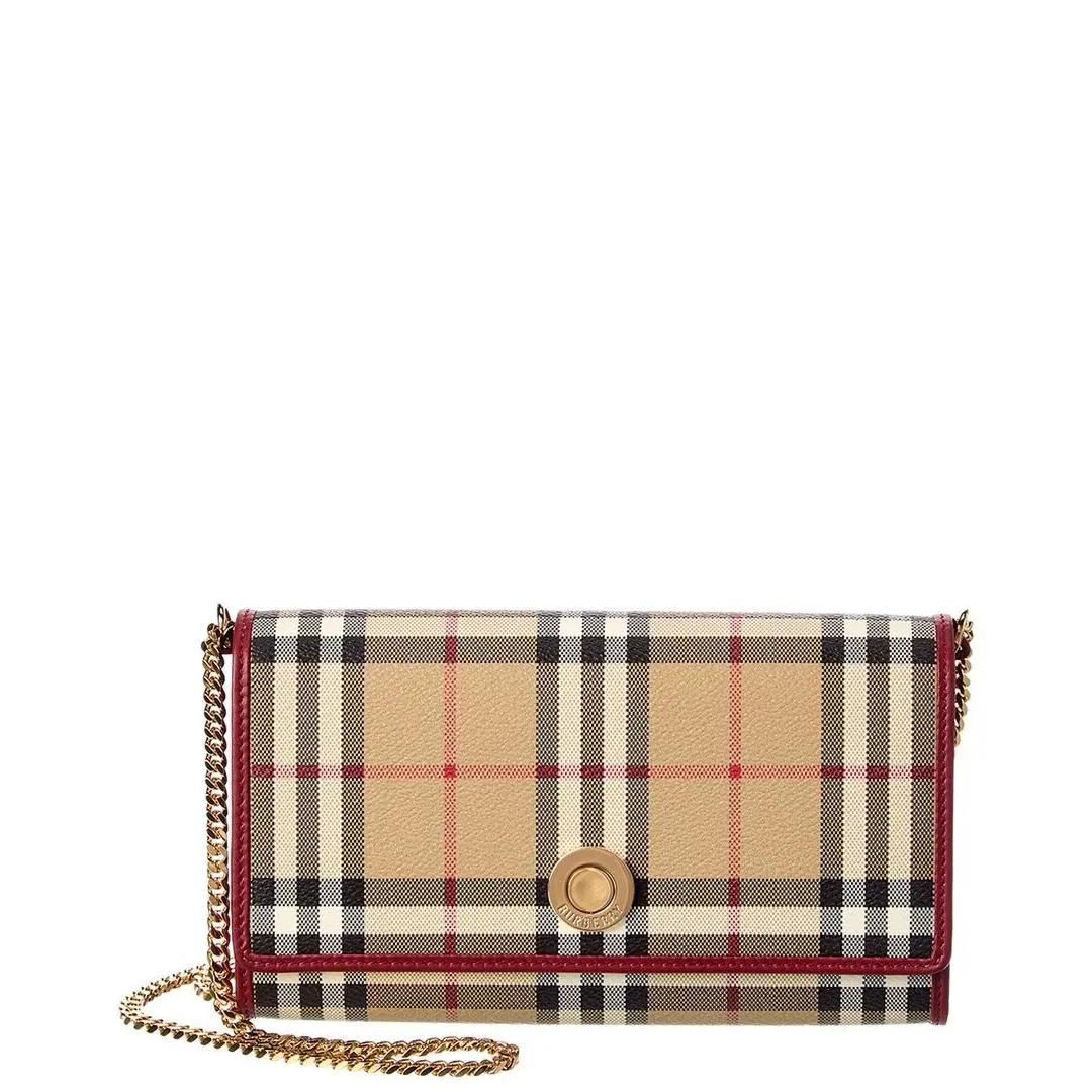 Burberry Check E-canvas Leather Wallet On Chain Women`s Beige