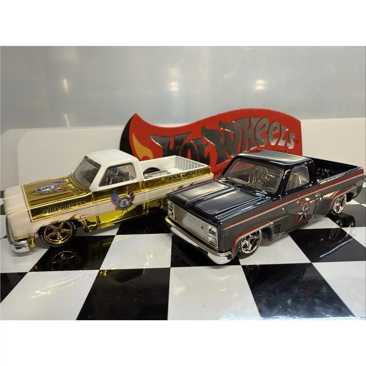 2009 Hot Wheels Military Rods Fire Rods 83 Silverado Custom 2 Car Set