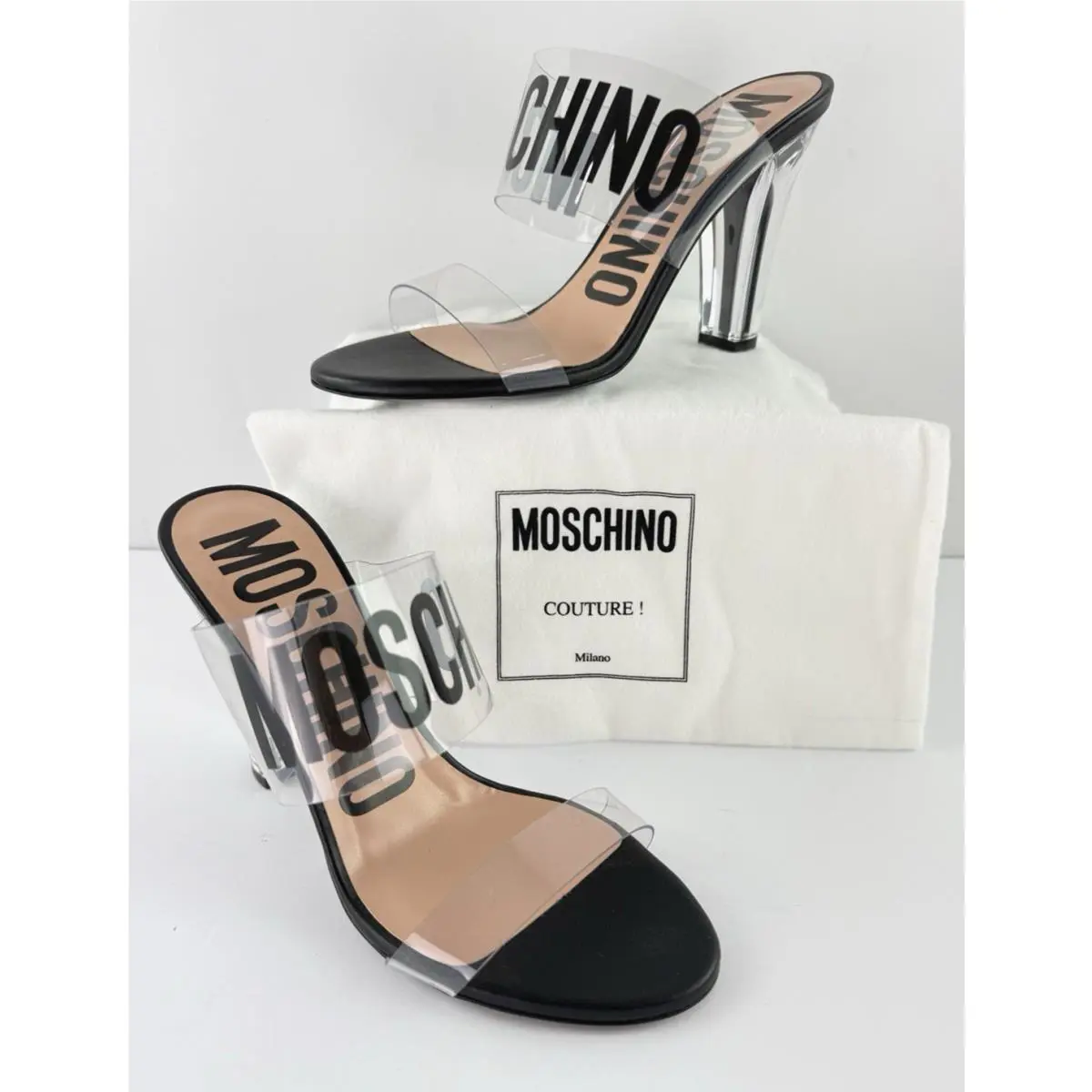Moschino Couture 6 US 36 EU Black Logo Transparent Sandals Shoes Bag