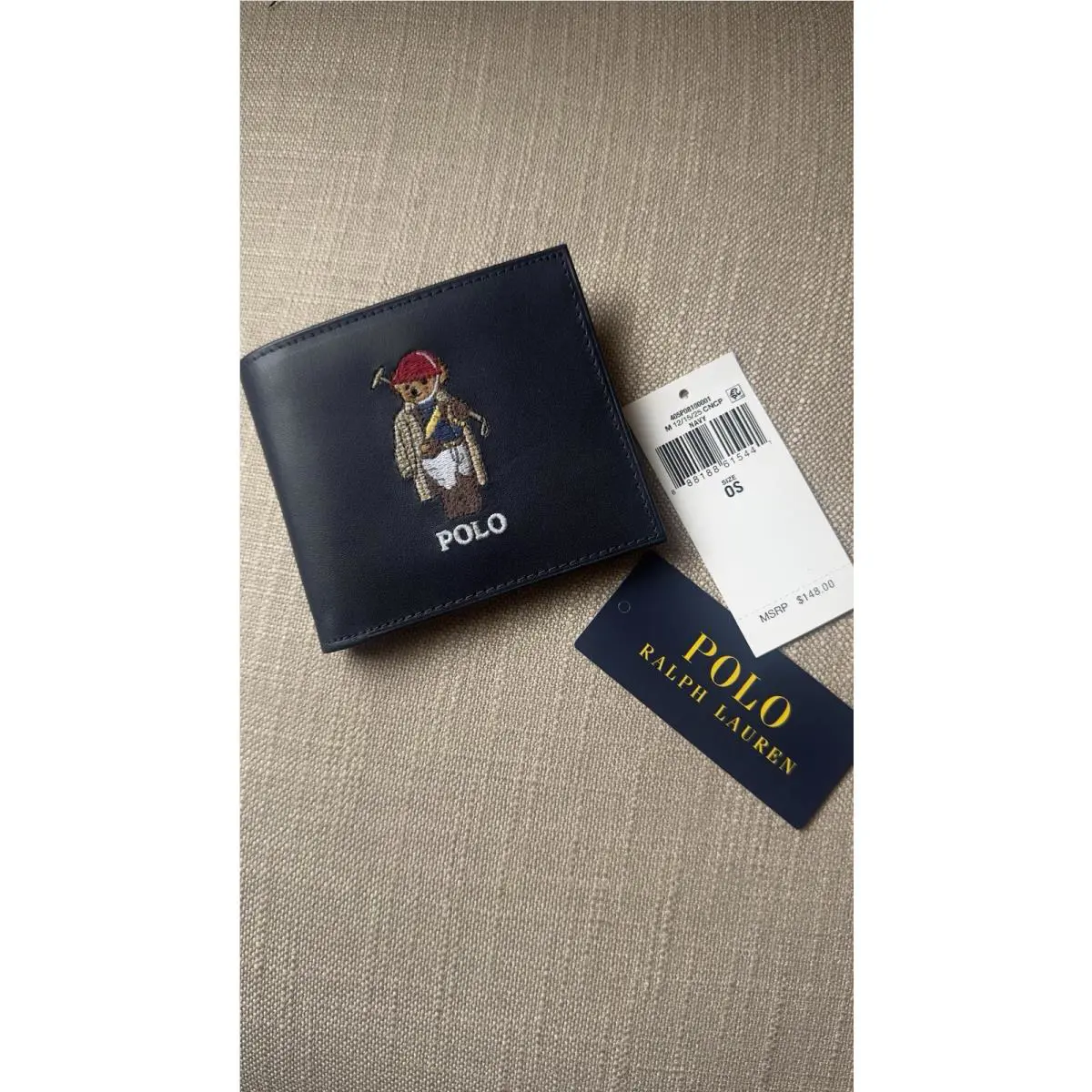 Nwob Polo Ralph Lauren Men`s Embroidered Bear Leather Billfold Wallet Navy$148
