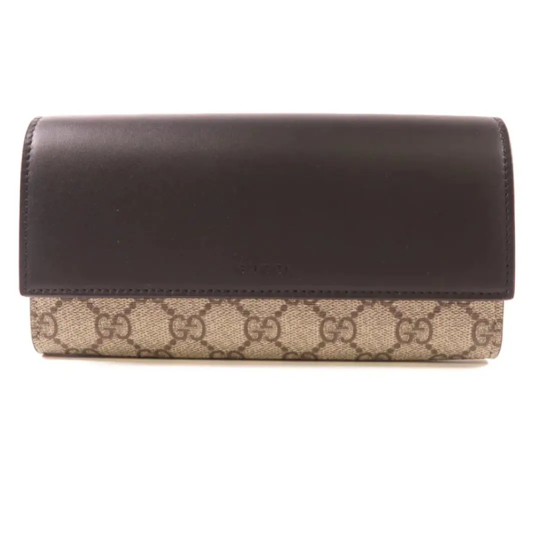 Gucci GG Supreme Leather Flap Long Wallet Bifold Purse Brown Box Coa