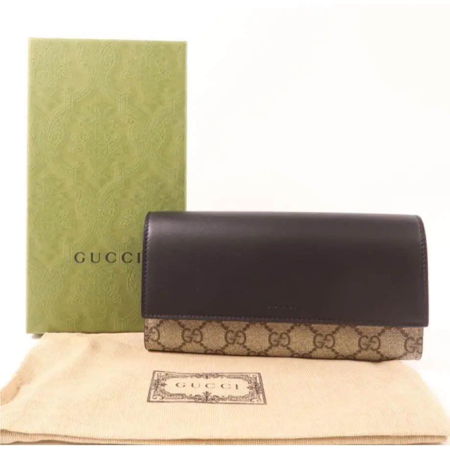 Gucci GG Supreme Leather Flap Long Wallet Bifold Purse Brown Box Coa