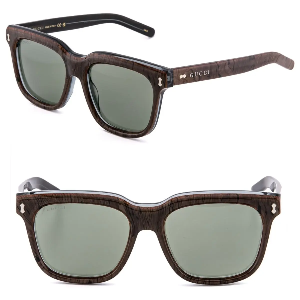 Gucci 1523 Gg1523S Brown Wood Print Green Narrow Unisex Square Sunglasses 003
