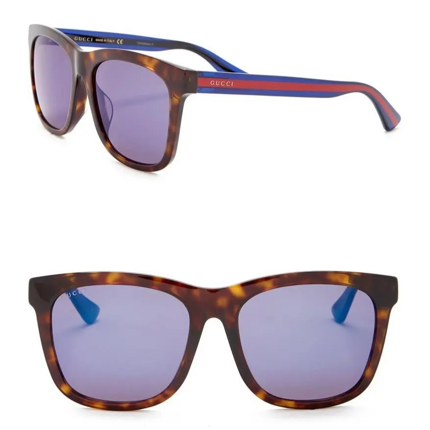 Square Sunglasses 0057SK Havana Tortoise Brown Purple Blue Lens GG0057SK by Gucci