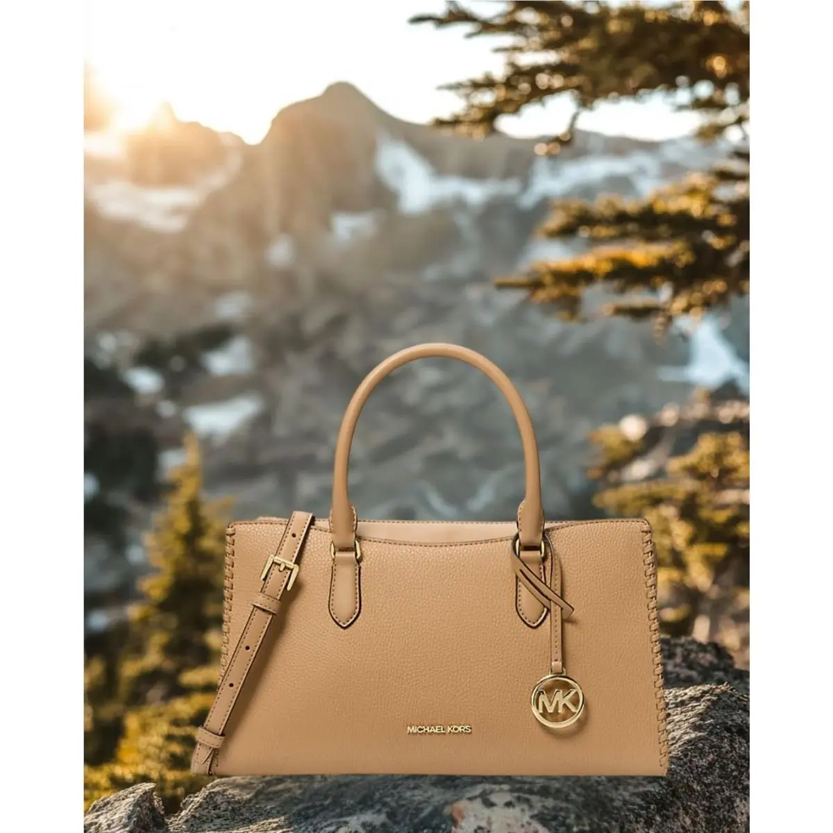 Michael Kors Arden Women Medium PU Blend Crossbody Satchel Purse Bag Camel
