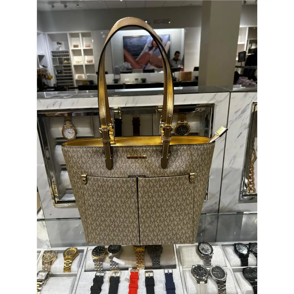 Michael Kors Jet Set Women MD Metallic Logo Pocket Shoulder Tote Bag Pale Gold