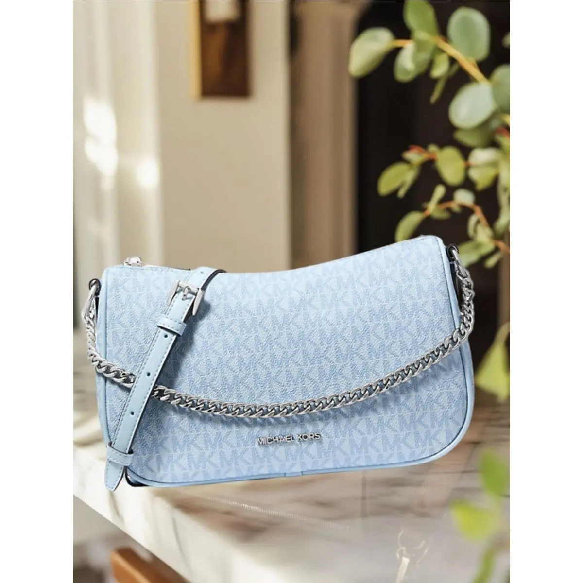 Michael Kors Carmela Medium Signature Logo Convertible Crossbody Bag Pale Ocean