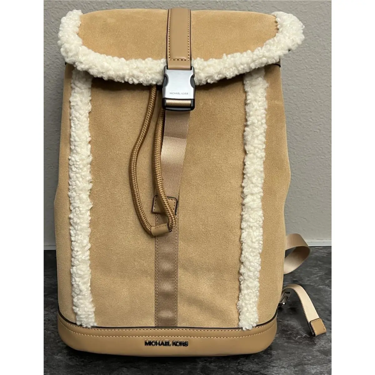 Michael Kors Cooper Suede Sherpa Slim Backpack Bag Peanut
