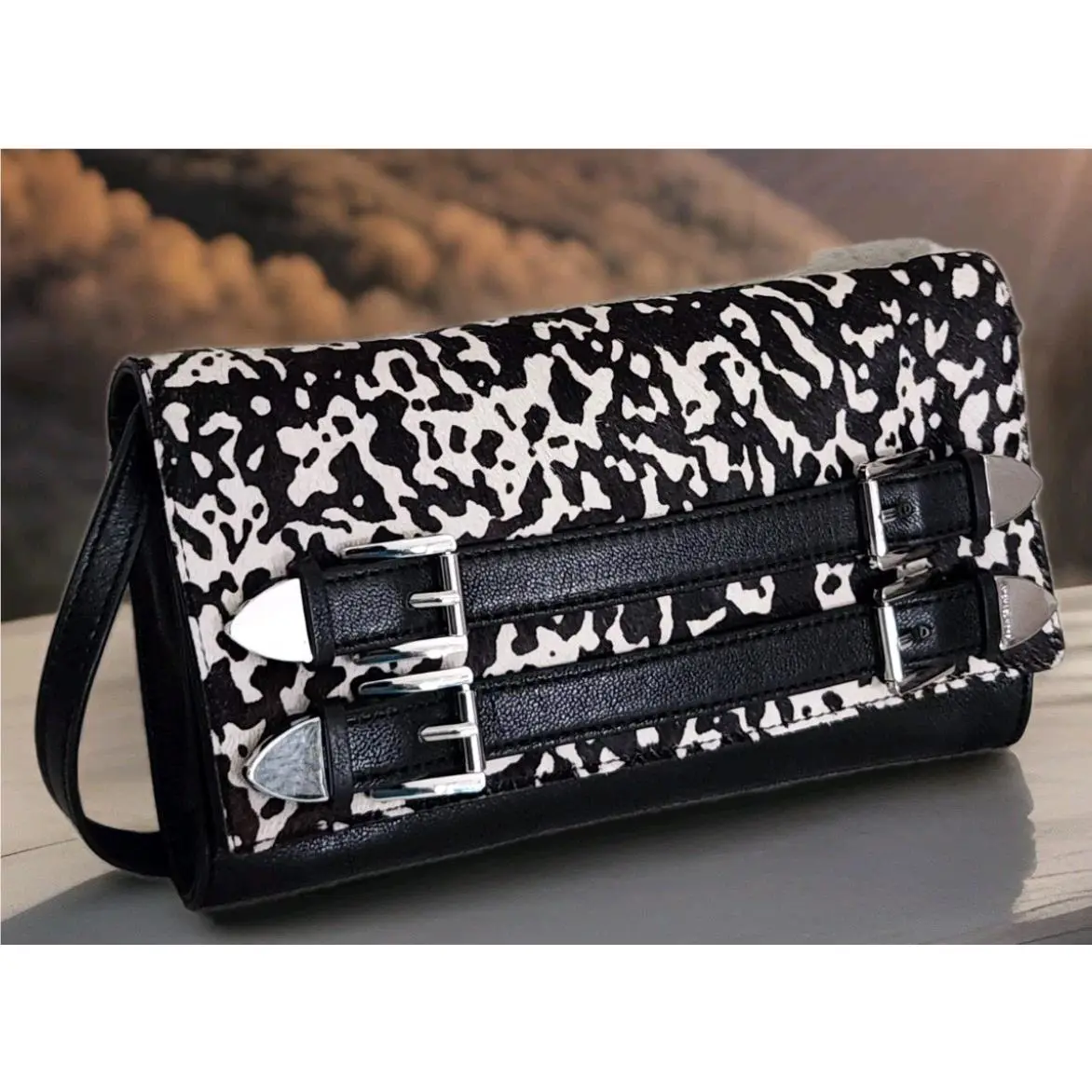 Michael Kors Robin Black White Haircalf Leather Clutch Shoulder Bag