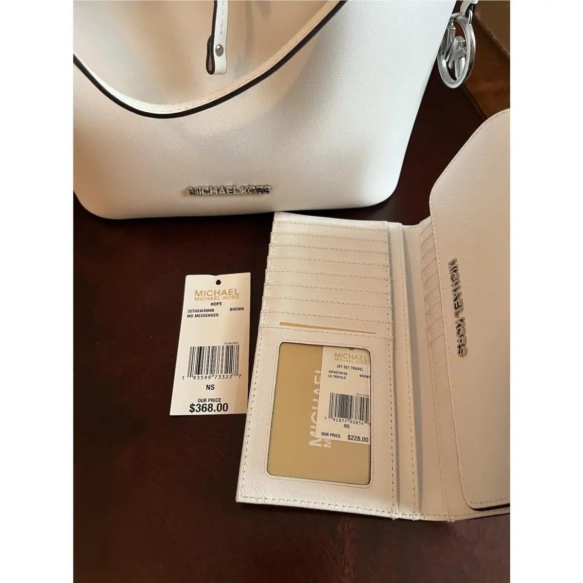 Michael Kors Eden Bucket Bag White with Drawstring and Large Trifold Wallet