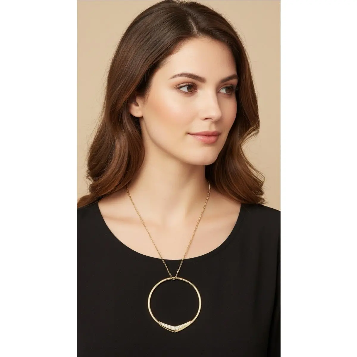 Michael Kors Goldtone Knife Edge Pave` Circle Pendant Long Necklace D4