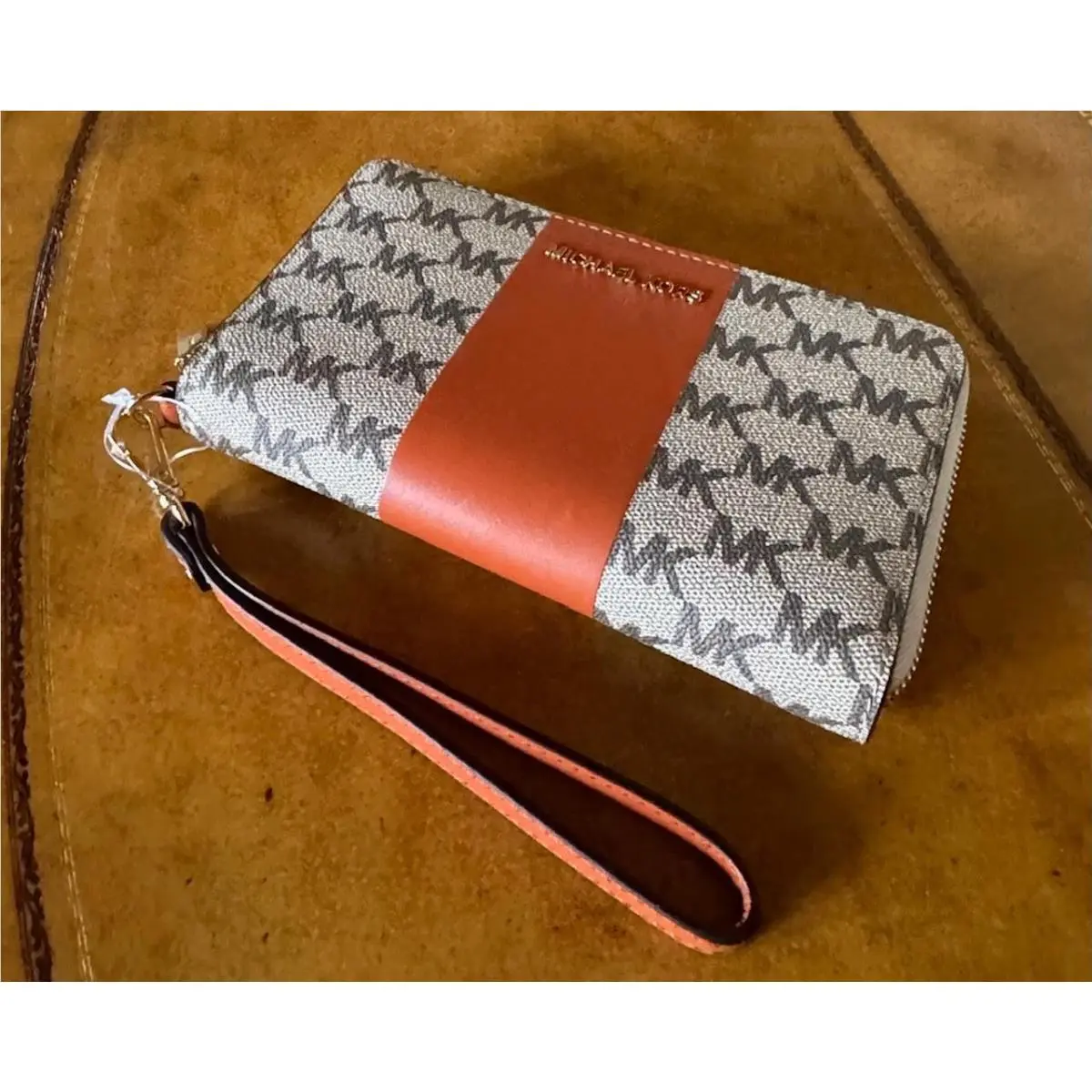 Michael Kors Center Stripe Logo Phone Wallet/wristlet Natural Orange