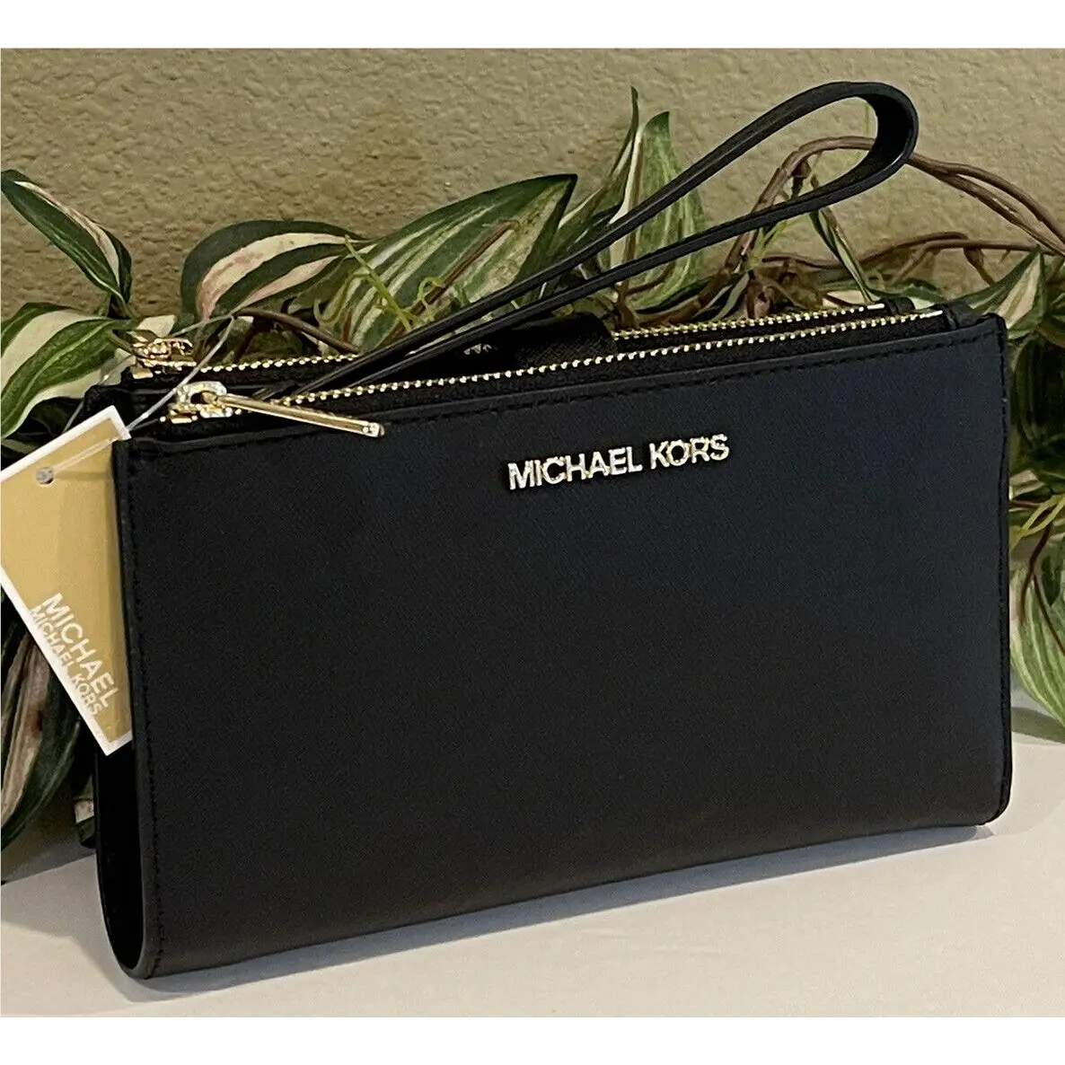 Jet Set Double Zip Wallet Phone Case Wristlet MK Black Leather Gold by Michael Kors
