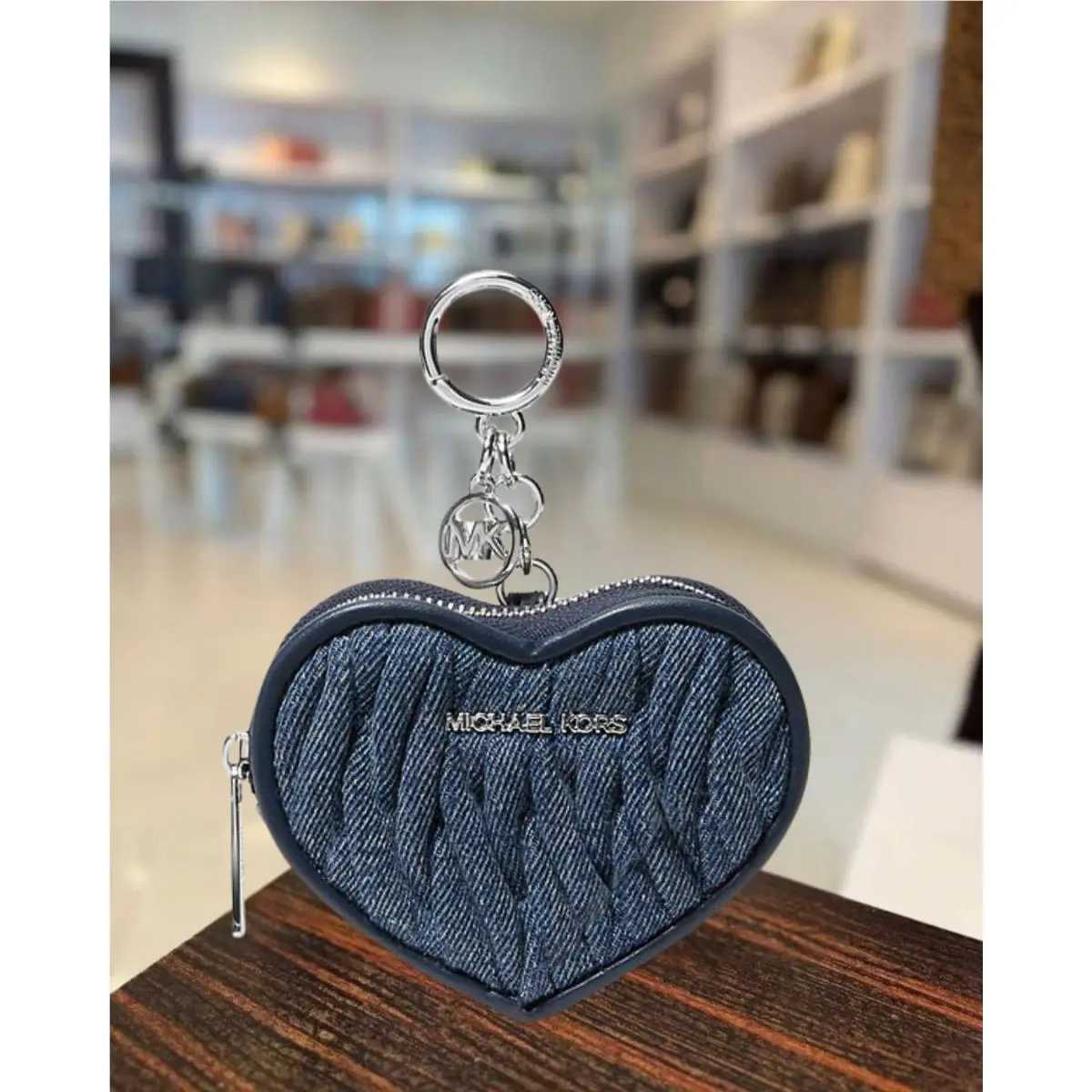 Michael Kors Jet Set Travel Women PU Blend Matelassé Heart Coin Zip Pouch Denim