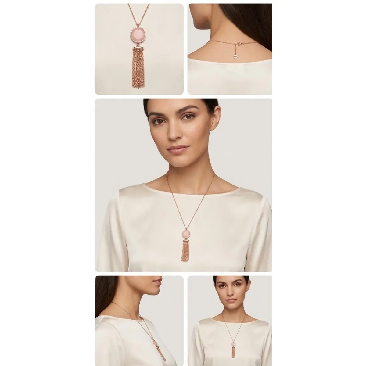 Michael Kors Rose Gold-tone Rose Pink Stone Fringe Pendant Necklace MK441