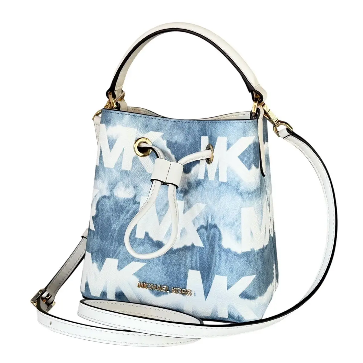 Michael Kors Suri XS Mini Bucket Crossbody Bag MK Graphic Logo Pale Blue Multi