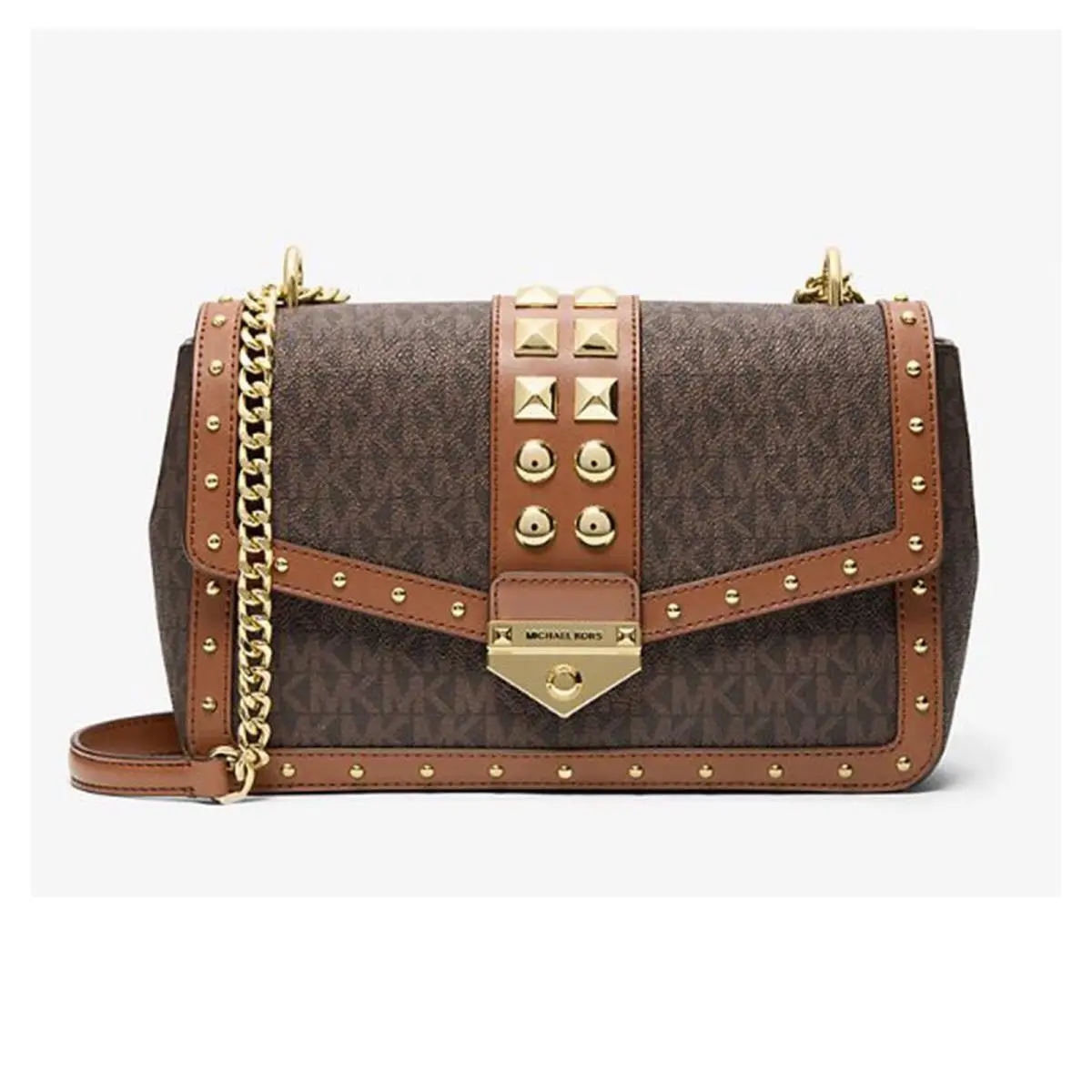 Michael Kors Outlet Soho Large Studded Signature Logo Shoulder Bag Brown 35S6G