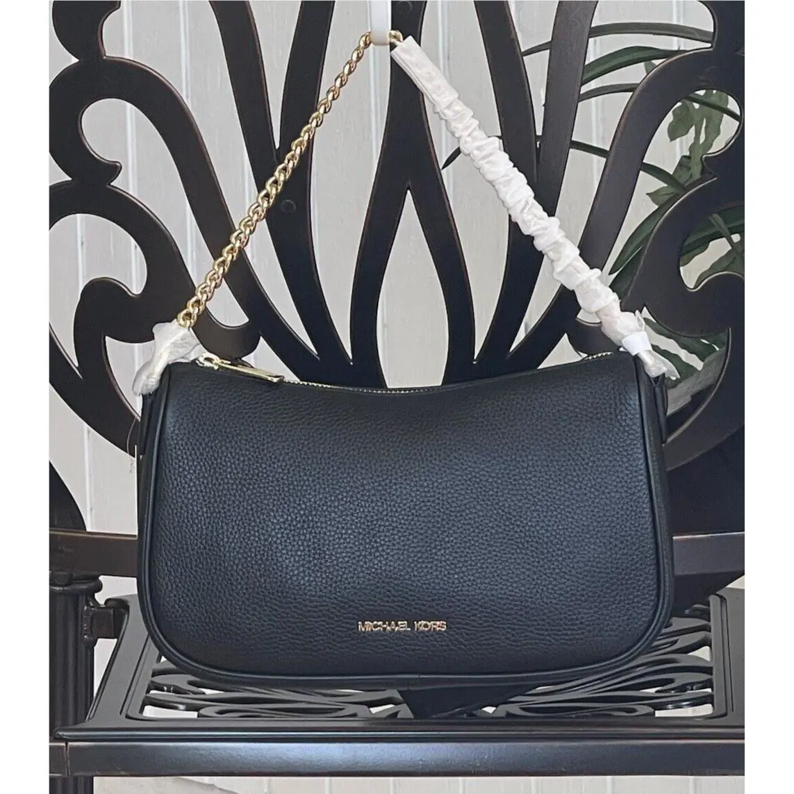 Michael Kors Carmela 2 Straps Medium Zip Chain Crossbody Bag Shoulder MK Black