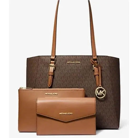 Michael Kors Charlotte Large 3 in 1 Zip Tote Shoulder Bag Crossbody MK Brown Sig