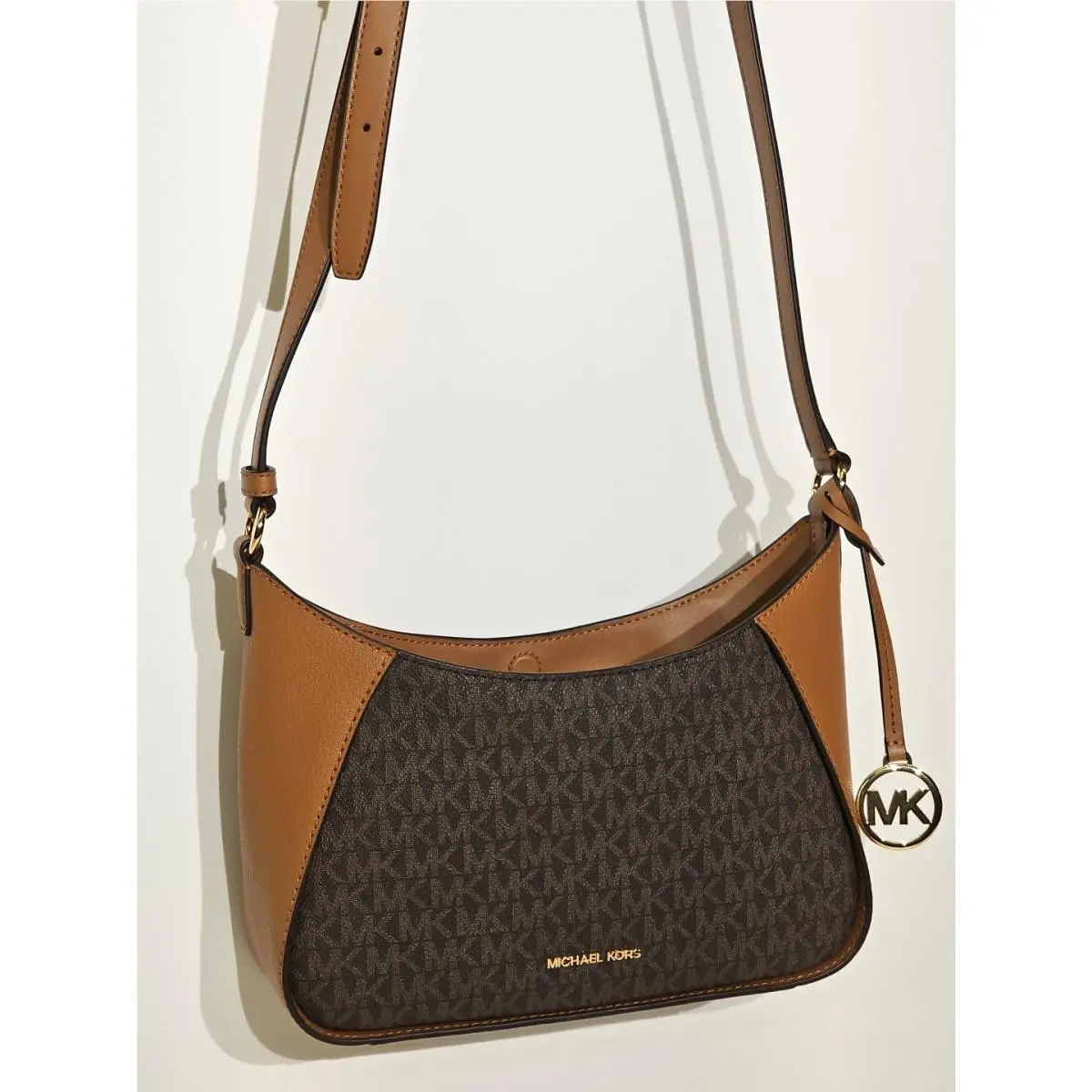 Michael Kors – Raquel Small Leather Crossbody Acorn Brown MK Logo Pattern