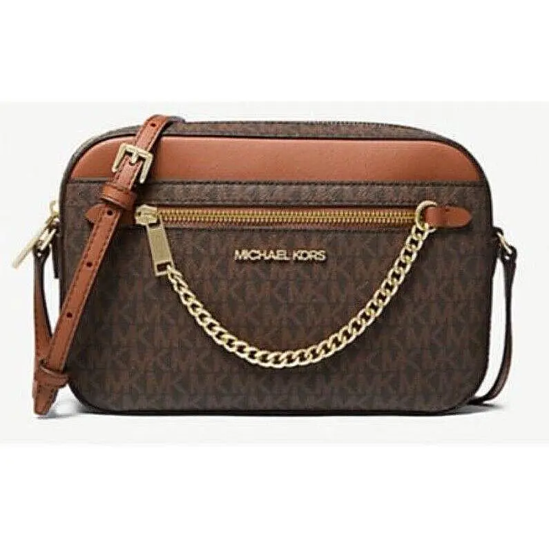 Michael Kors Womens Brown Tan Large Logo Jet Set Crossbody Handbag