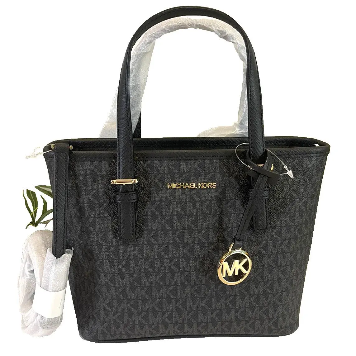 Michael Kors Jet Set Travel XS Zip Crossbody Tote Bag Black Signature Logo Gold