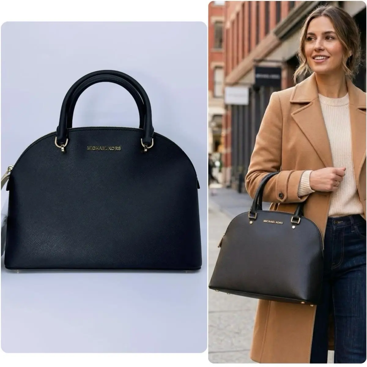 Michael Kors MK Black Gold Emmy Lg Saffiano Leather Dome Satchel Crossbody