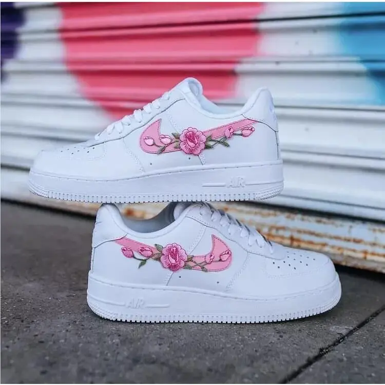 Nike Air Force 1 Low Custom Shoes White Pink Rose Floral Flower Swoosh Mens Size 12.5
