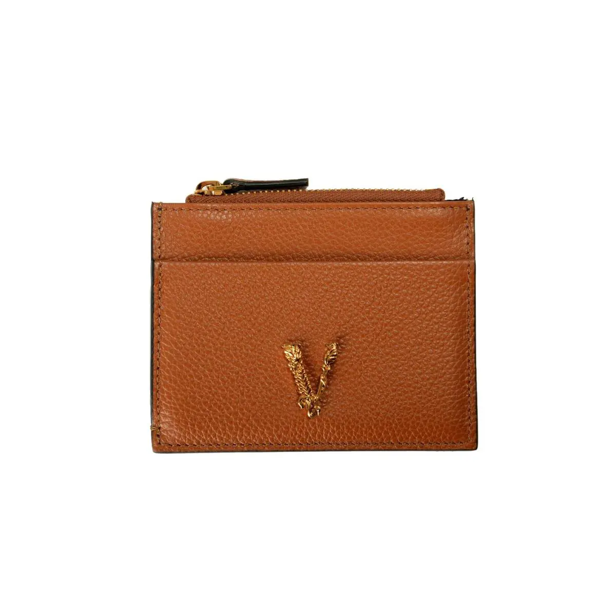 Versace Women`s Cognac Brown Textured Leather V-logo Card Case