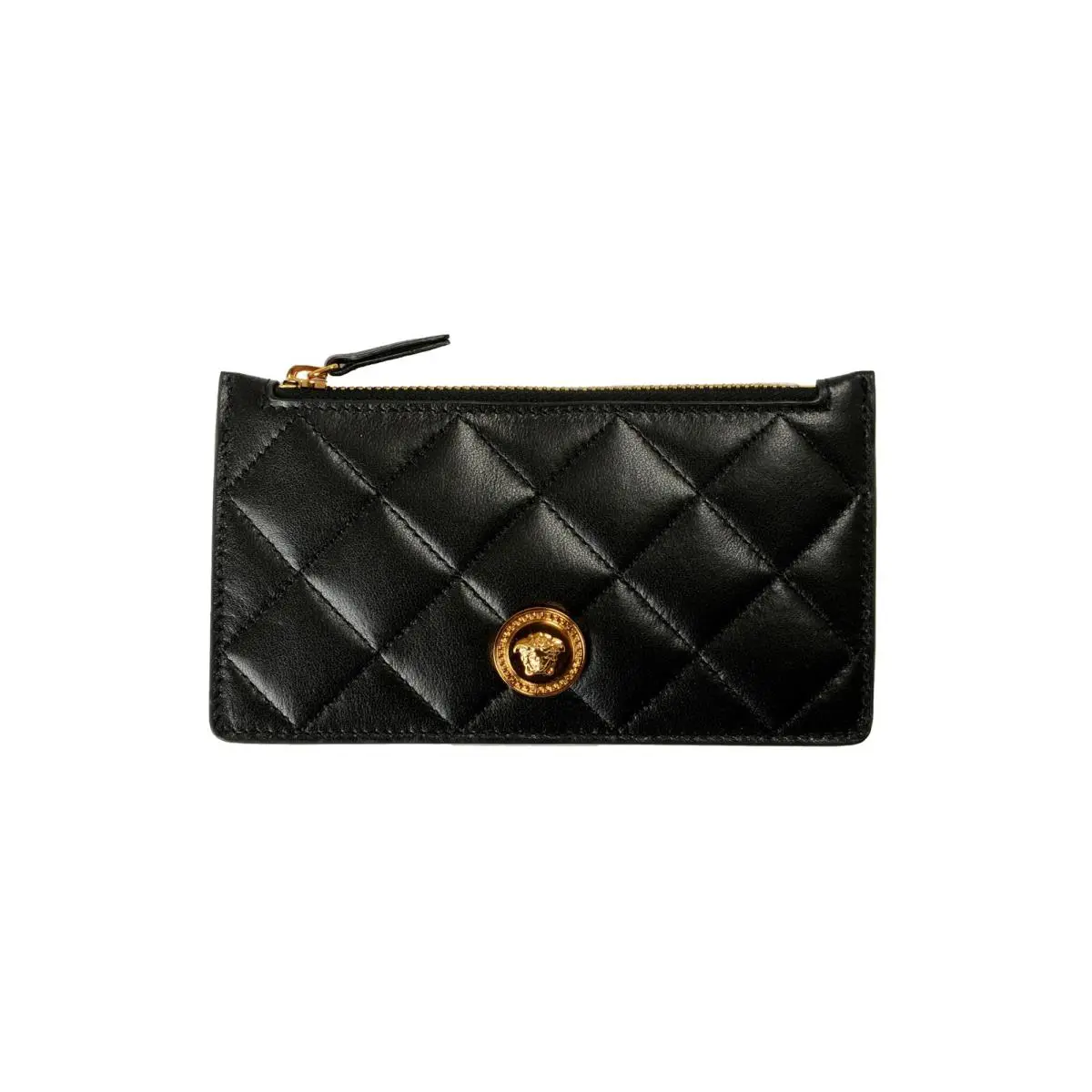 Versace Black Quilted Leather Gold Medusa Head Card Case Wallet