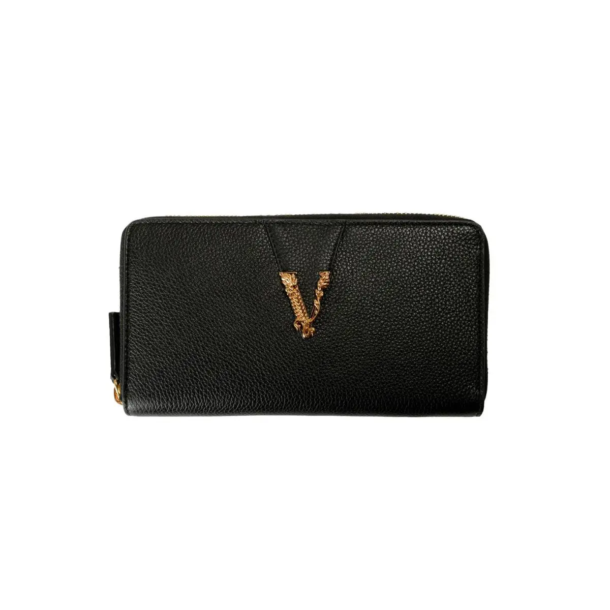 Versace Women`s Black Grainy Leather Gold V-logo Zip Around Wallet