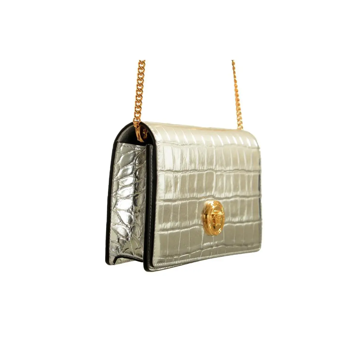 Versace Silver Leather Croc Print Gold Medusa Chain Clutch Shoulder Bag