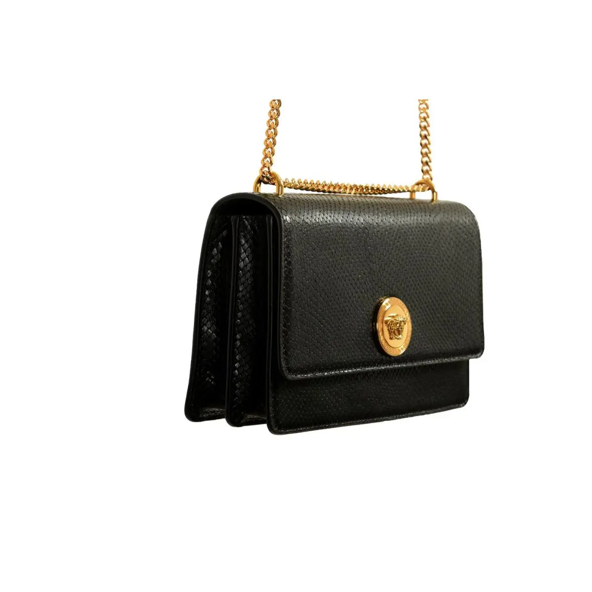 Versace Black 100%Leather Snakeskin Print Gold Medusa Chain Handbag Shoulder Bag