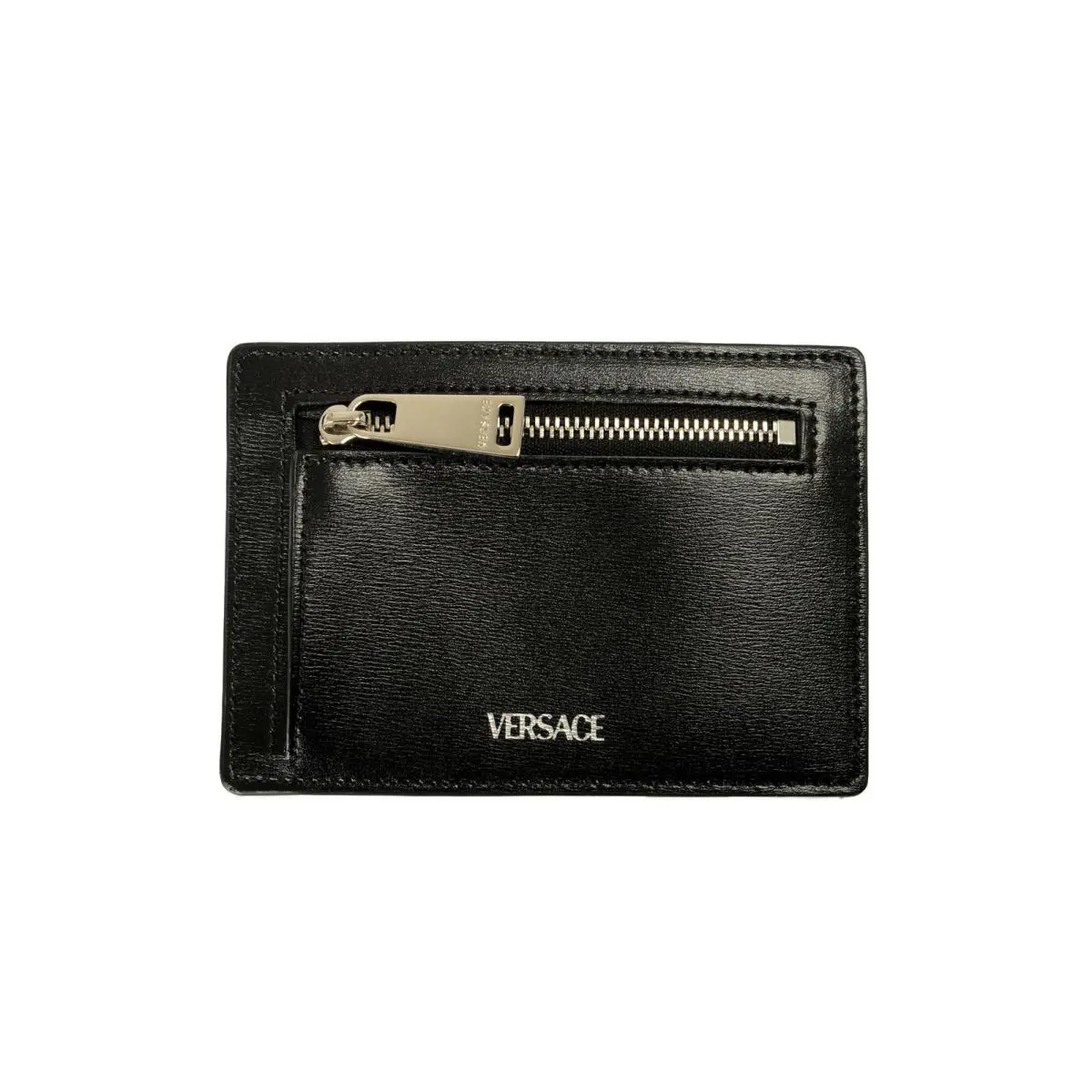 Versace Black Leather Silver Logo Print Card Case Holder