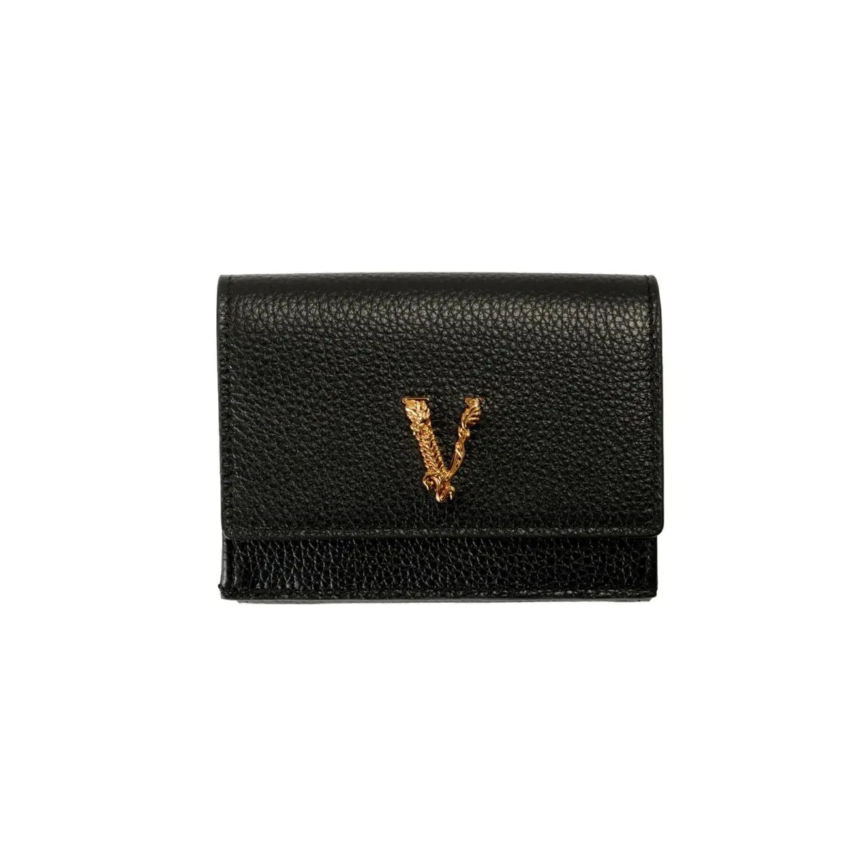 Versace Black Textured Leather Gold V-logo Compact Trifold Wallet