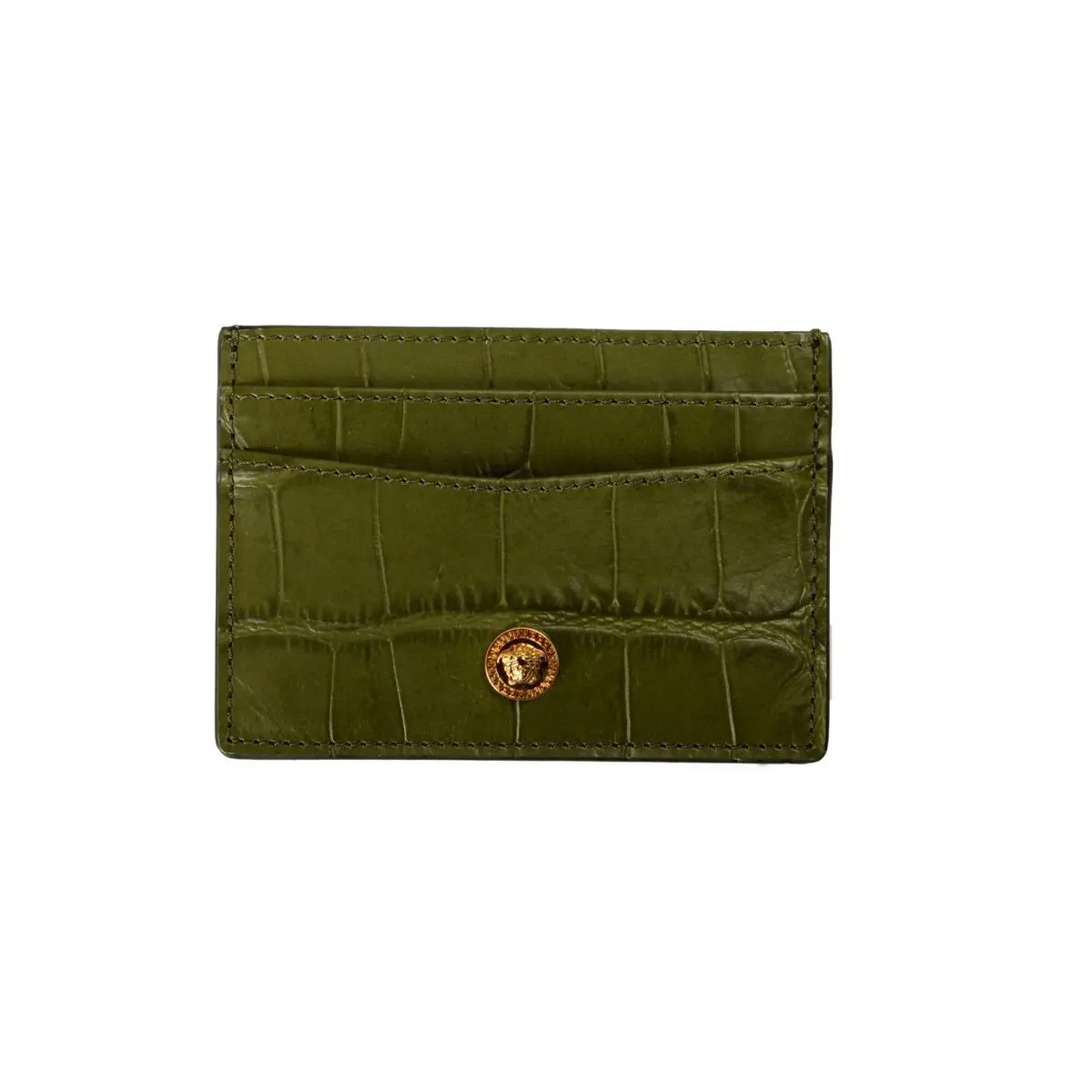 Versace Olive Green Croc Print Leather Gold Medusa Head Card Case Holder