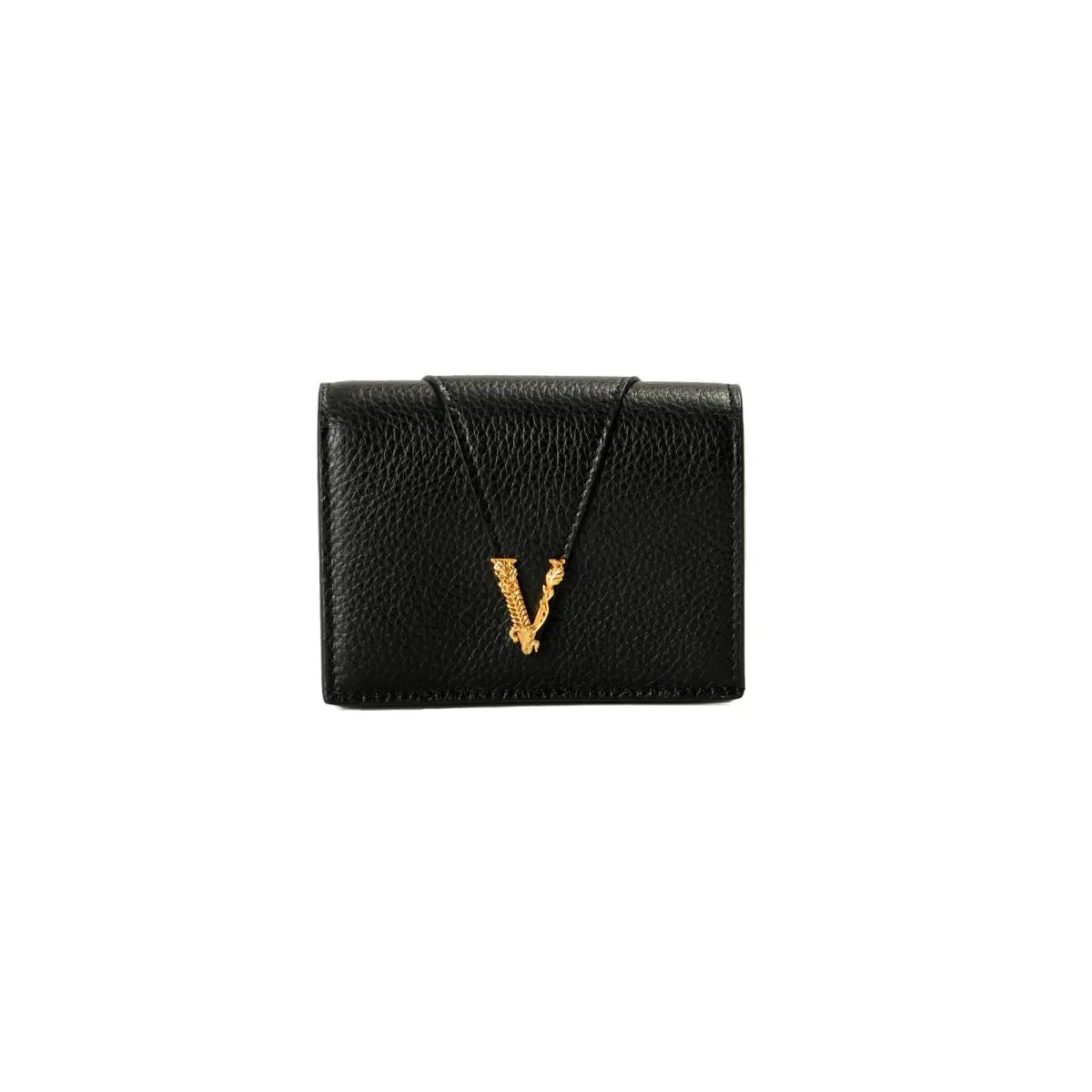 Versace Women`s Black Textured Leather Gold V-logo Compact Wallet
