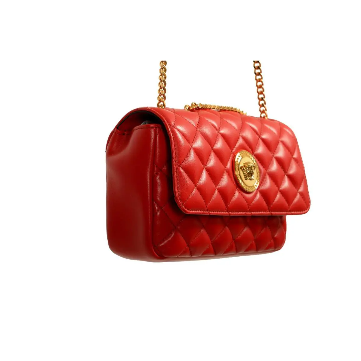 Versace Women`s True Red Leather Gold Medusa Quilted Small Handbag Shoulder Bag