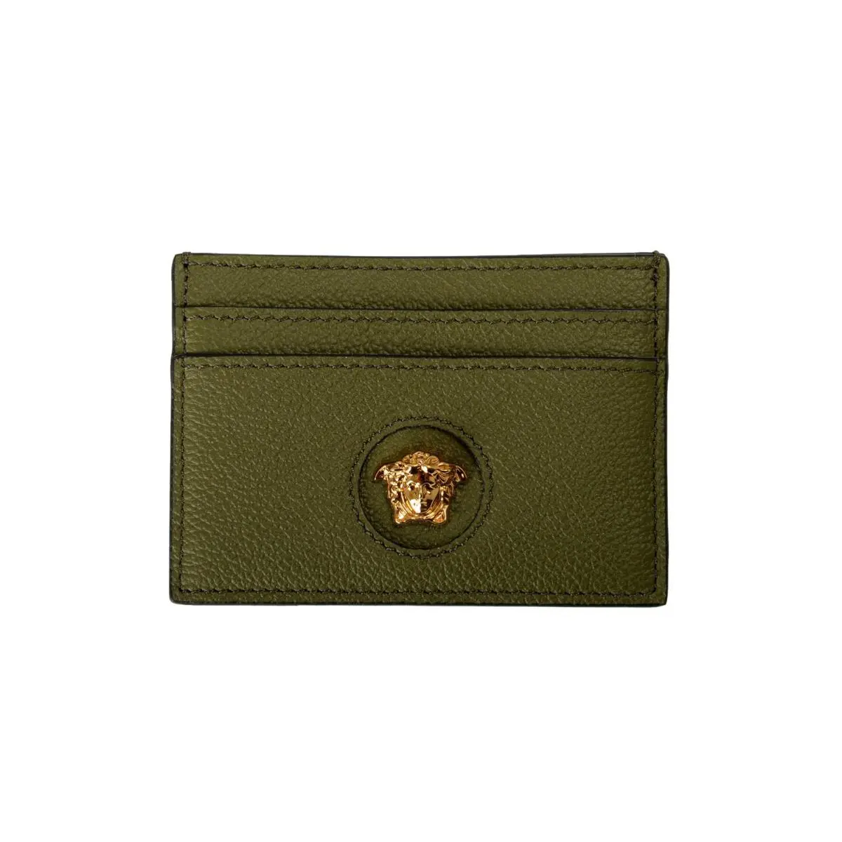 Versace Dark Olive Textured Leather Gold Medusa Card Case Holder