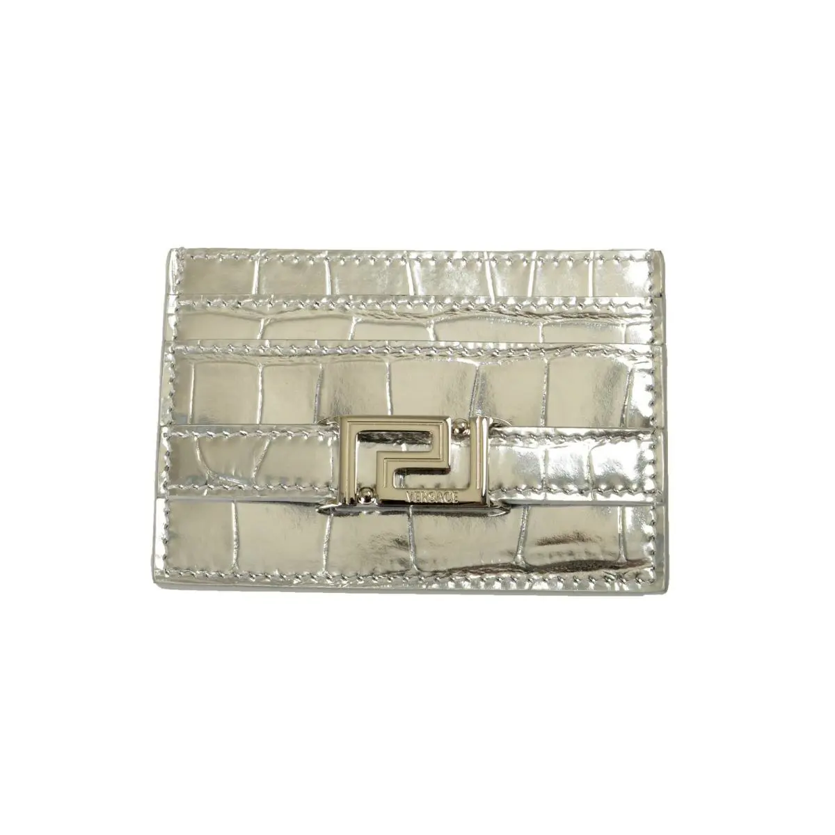 Versace Silver Croc Print Leather Silver Creeca Logo Card Case Holder