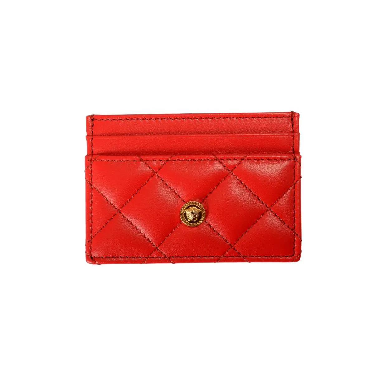 Versace True Red Quilted Leather Gold Medusa Card Case Holder